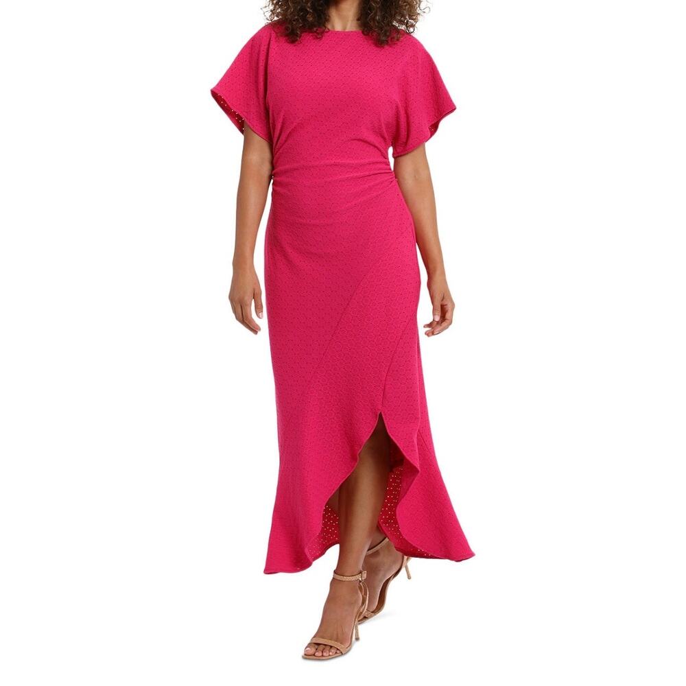 London Times Women’s Boat Neck Flutter Sleeve Eyelet Maxi Dress Slit Wedding 8